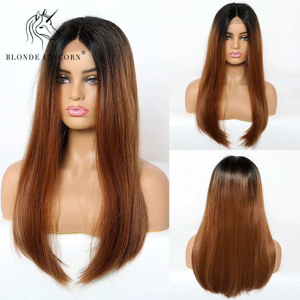Длинные прямые синтетические парики на сетке спереди блонд единорог Омбре