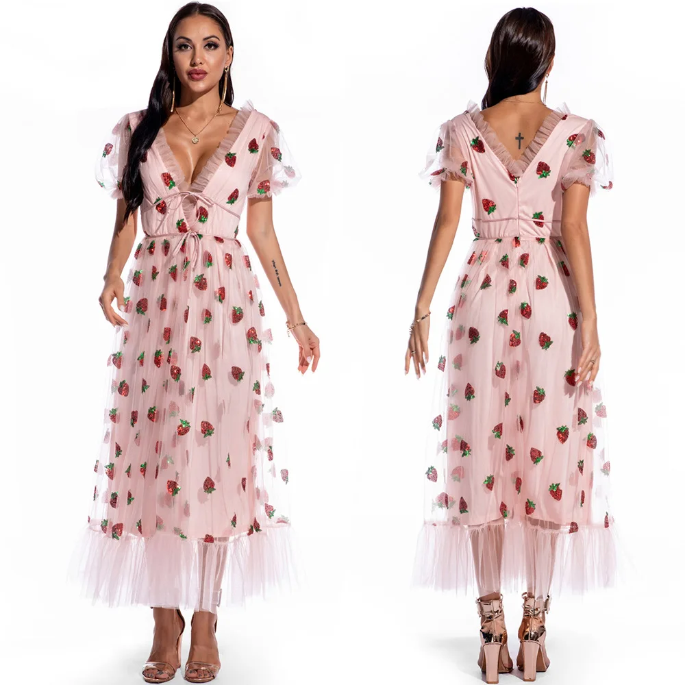

Pink Sexy V-Neck Dresses For Women 2021 Belt Strawberry Summer Midi Dress Short Sleeve Hot Stamping New Women Party Clothing