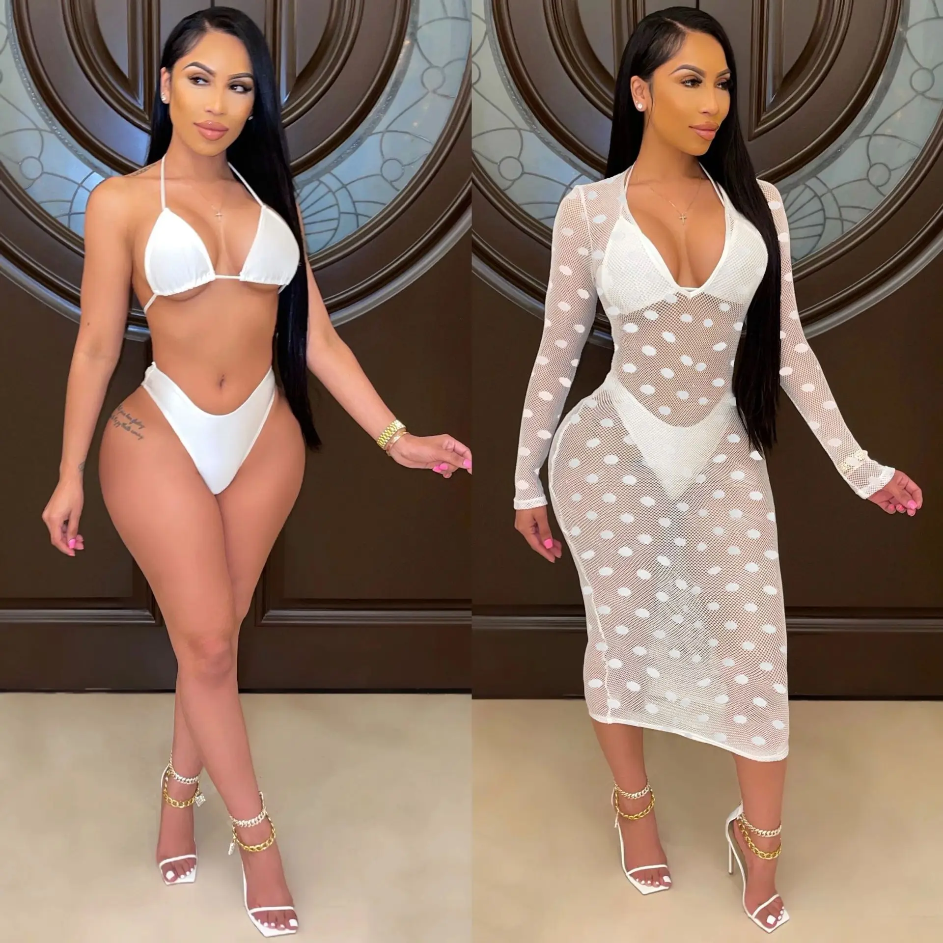 

European and American Women's 2021 Summer New Wave Dot Bikini Net Gauze Coverall Three-Piece Swimsuit Suit