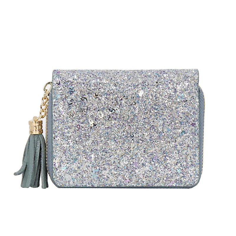 Женский короткий блестящий кошелек KANDRA клатч из натуральной кожи с кисточкой