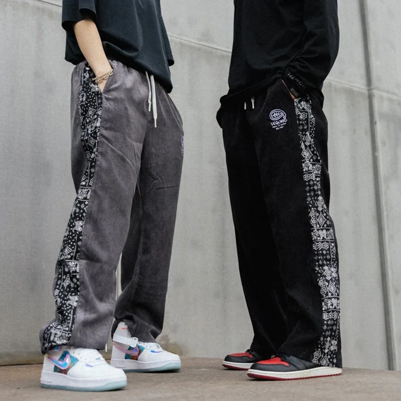 

Прямые брюки в стиле ретро, с цветами кешью, модные, хипстерские, уличные, вельветовые, широкие, повседневные, свободные, спортивные штаны