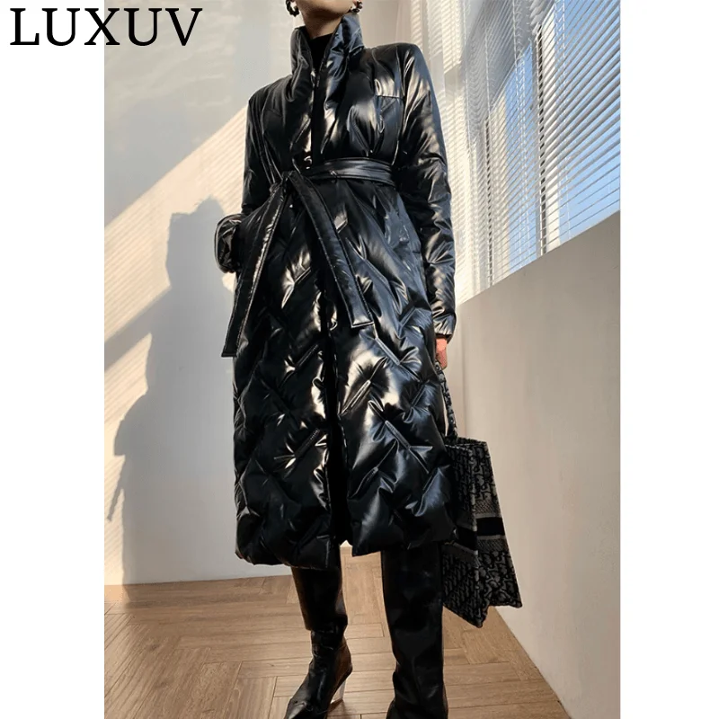 

White Duck Down Long Coat Women New Winter Female Knitted Hat Stitching Hooded Puffer Jackets Casual Loose Oversize Warm Outwear