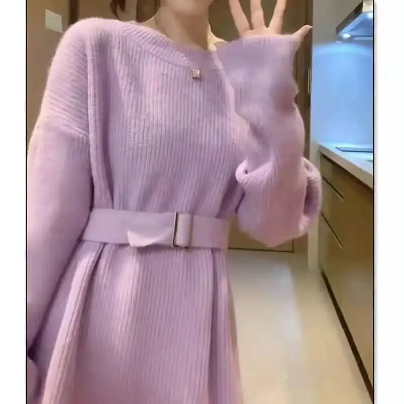 

Candy Color Waist Knitted Dress Loose Bottoming Shirt Solid Color Round Neck Sweater Women's 2023 Winter New