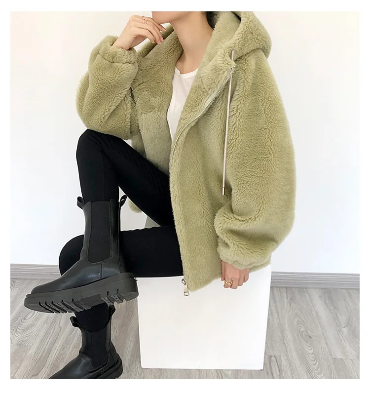 2021 Женское зимнее пальто с длинным рукавом и капюшоном из натуральной овечьей