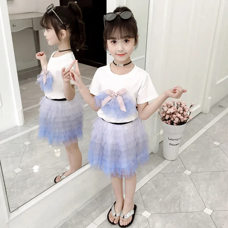 

Kids Girls Clothing Sets Summer Fashion Bow T Shirt + Cake Skirt for Children Outfits Baby Girls Clothes Suit