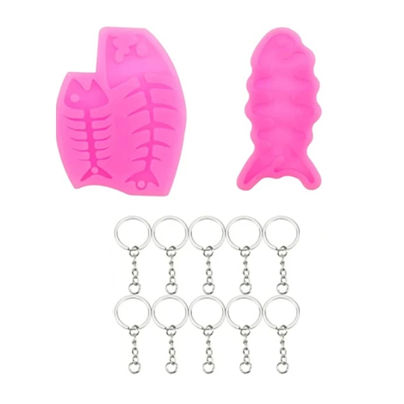 

New 1 Set Fish Skeleton Bone Epoxy Resin Mold with Hole Keychain Pendant Keyring Tag Ornament Silicone Casting Mould DIY Crafts