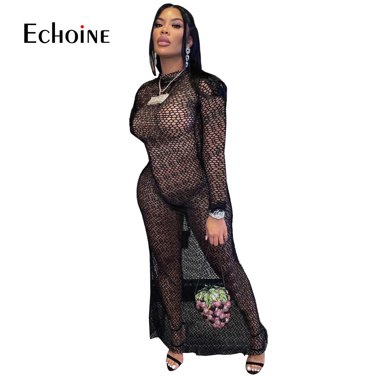 Соблазнительное черное Сетчатое Прозрачное платье-макси ecoine женское блестящее