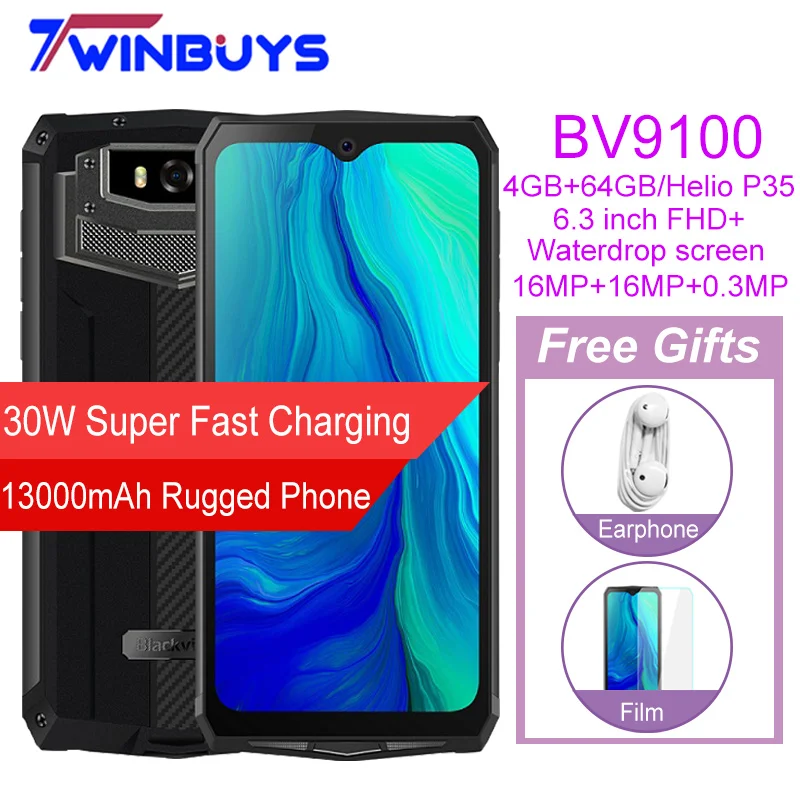 Blackview BV9100 6 3 ''FHD + безрамочный экран 13000 мА/ч IP68 прочный смартфон 4GB 64GB Helio P35 Octa Core