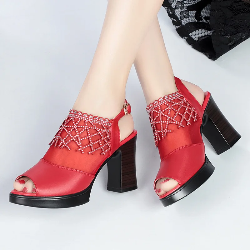 

New Mesh Sandals Medium Thick Heel Leather Women's Sandals Mesh Fish Mouth Women's De Mujer Shoes Thick Heel Women's Shoes