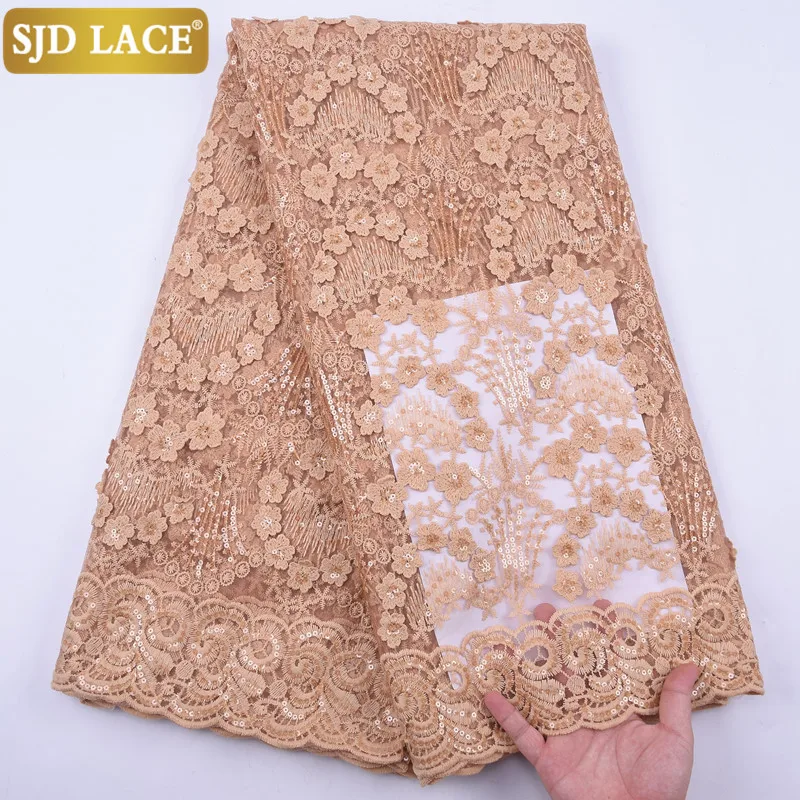 

SJD LACE Golden African Lace Fabric High Quality Sequins French Tulle Lace Fabric 3D Applique Milk Silk Laces For Wedding A2044