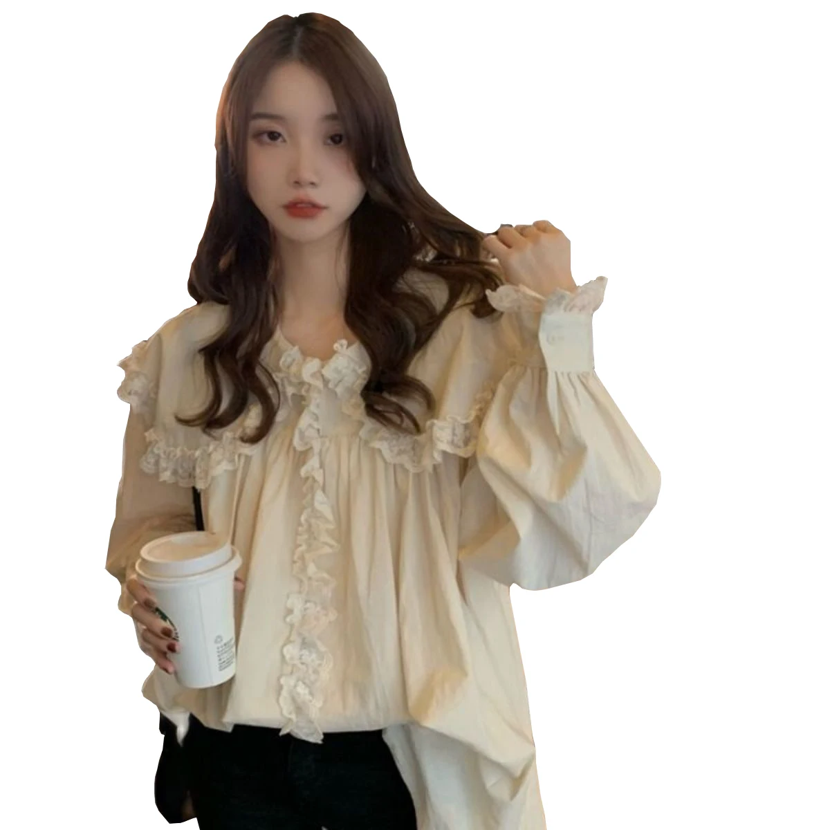 

Кружевная рубашка в стиле пэчворк, кардиган для школьниц, блузка в стиле преппи с кукольным воротником и длинным рукавом, Женская Корейская ...