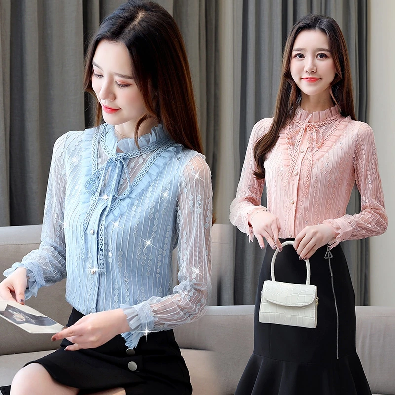 Корейская мода кружевные женские блузки для офиса белые рубашки размера плюс XXL