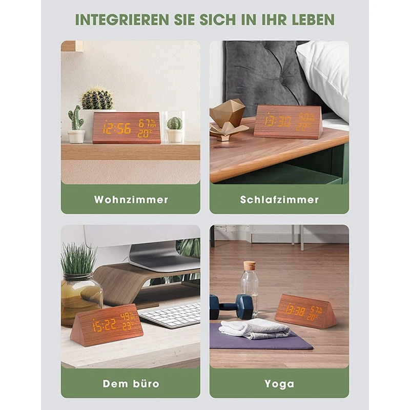 

Alarm Clock Digital, LED Alarm Clock Wood, with Temperature and Humidity, for Home, Bedroom, Night Children