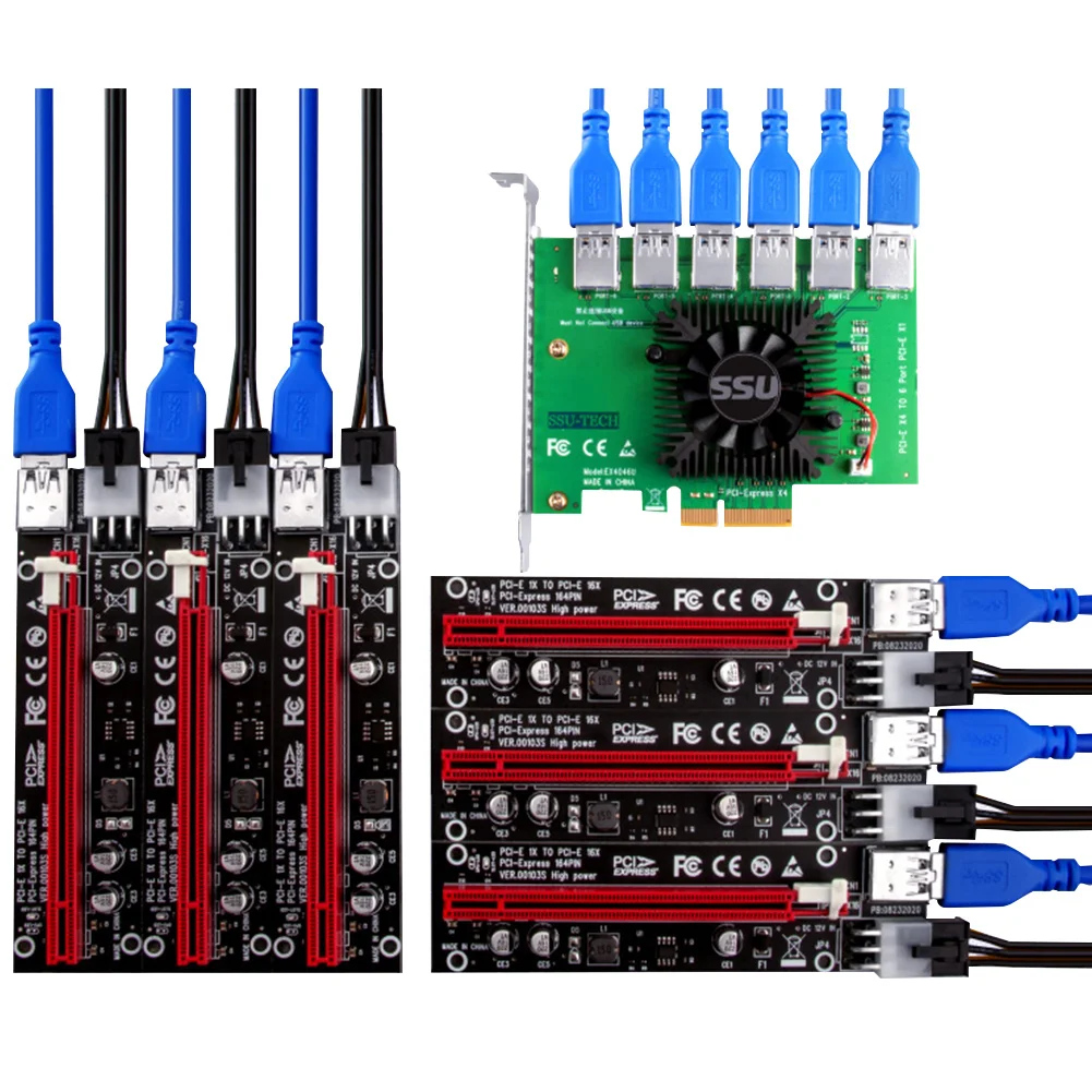 

6pcs Cable Expansion Boards PCI-E 4X to USB3.0 Adapter Card PCI Express 20Gb 1 to 6 adapter card for BTC Mining Machine Mining