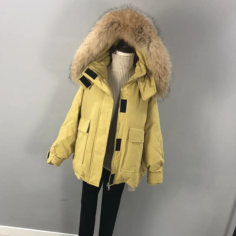 yellow-1 Большие размеры пуховик зимняя куртка женская куртка-пуховик обработанная Куртка пуховая куртка женская куртка с капюшоном и настоящим мехом Куртка "Сафари" - Цвет: yellow-1