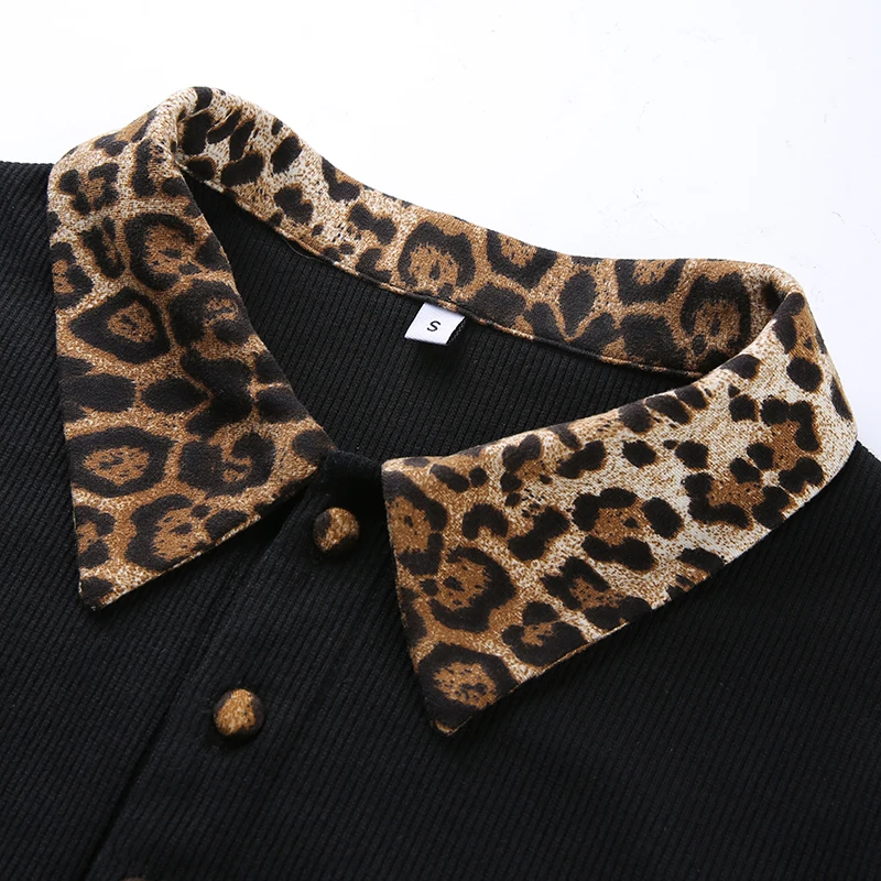 

Rockmore Leopard Print T-Shirt Women Turn-down Collar Button Tops Black Short Sleeve Crop Top Skinny Shirts Basic Tshirt Ladies