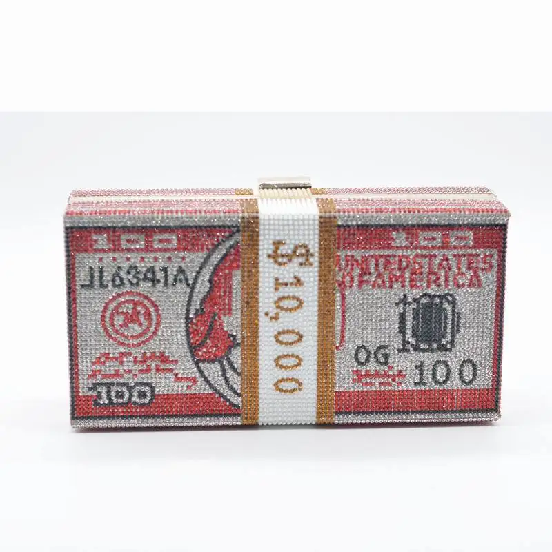 Money Clutch Rhinestone Purse 10000 Dollars Stack of Cash Evening Handbags Shoulder Wedding Dinner Bag Jewelry Bag