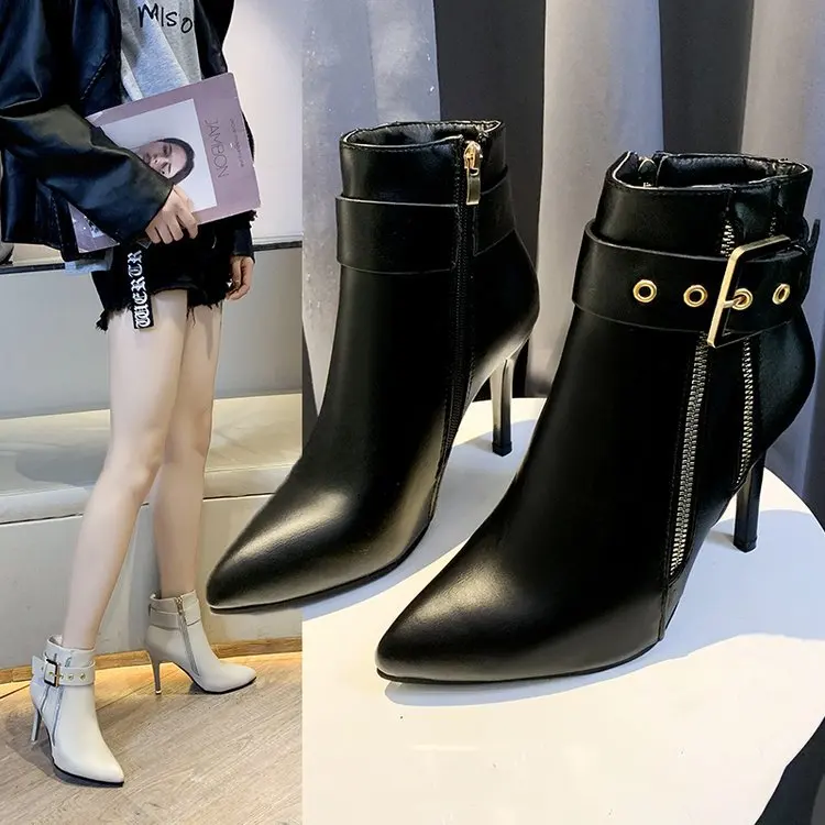 

New Winter Sexy Stiletto High-heeled Short Boots with Belt Buckle Side Zipper Motorcycle Boots Fashion High-heeled Martin Boots