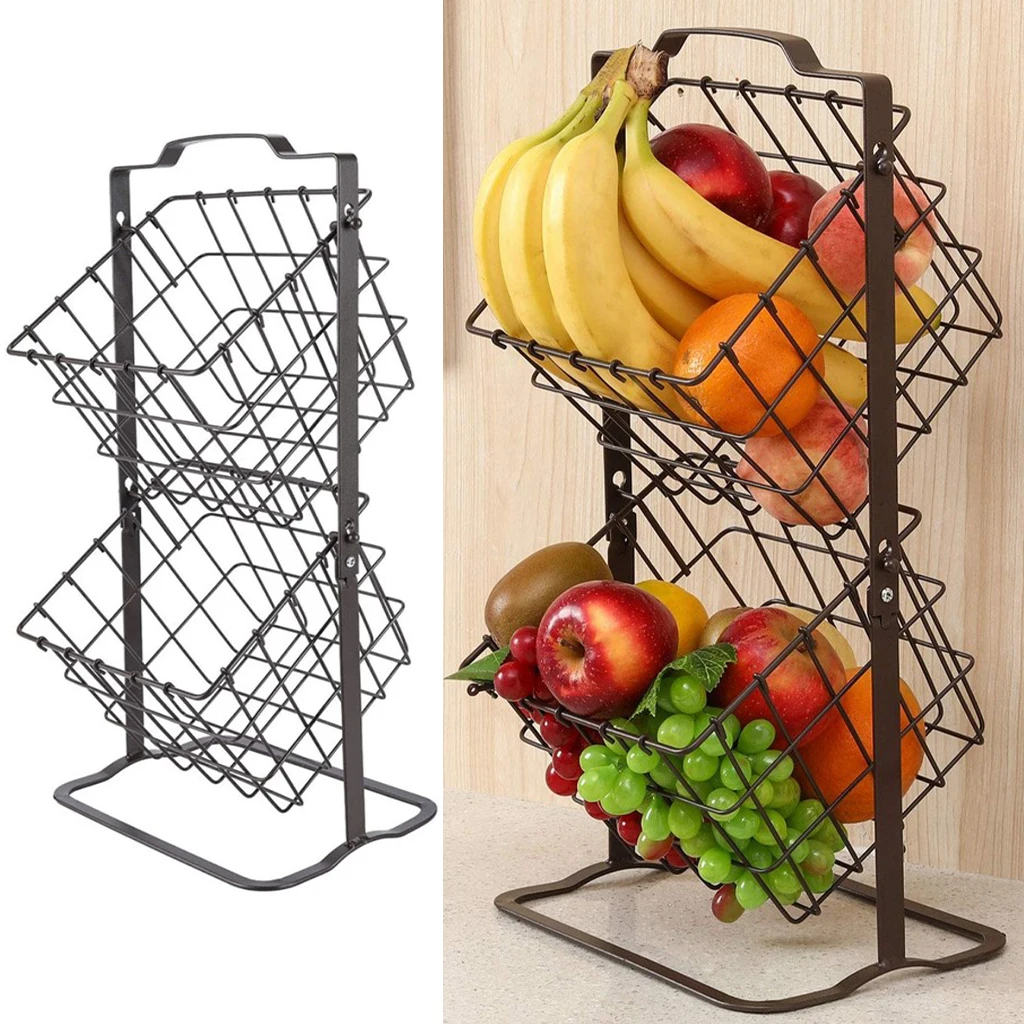 

Wrought Iron Double Layer Fruit Basket Vegetable Holder Snacks Bread Kitchen Hanging Organizer for Kitchen Bathroom Pantry