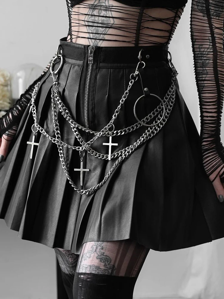 

Черная кожаная юбка с металлической цепочкой в стиле панк, готическая юбка А-силуэта на молнии с высокой талией, Сексуальная плиссированная...