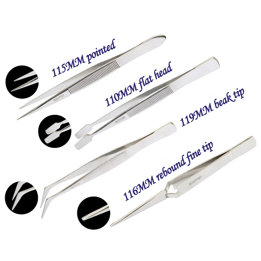 Набор пинцетов Pro'skit 4 из нержавеющей стали 808-389 заостренный плоский острый