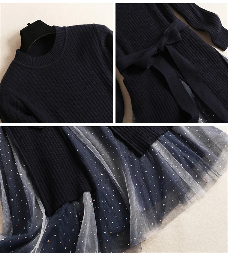 

Autumn Winter Suit Women 2020 New Fashion Long Sleeve Pullover Knit Sweater and Mesh Skirt Two Piece Set Elegant Outfits