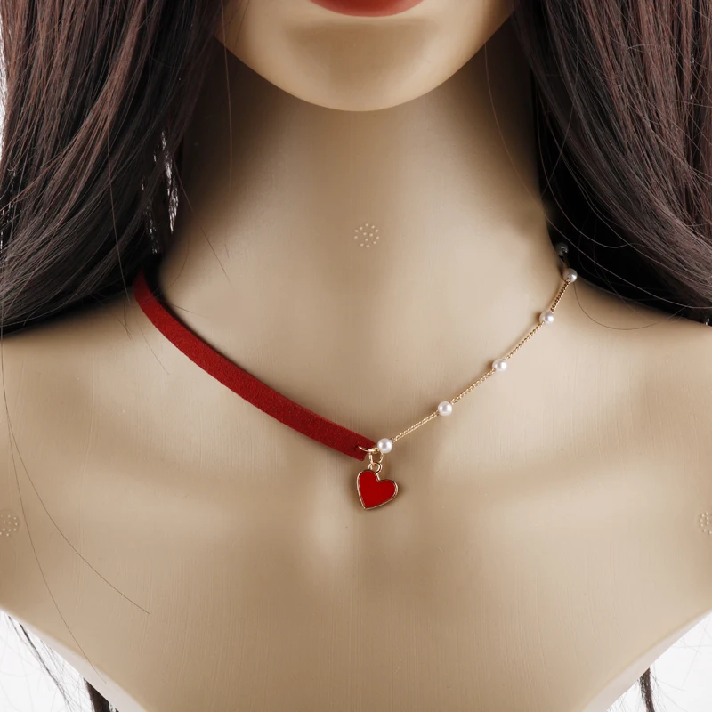 

Red Black Heart Bead Choker Necklace For Women Jewelry Collier Female