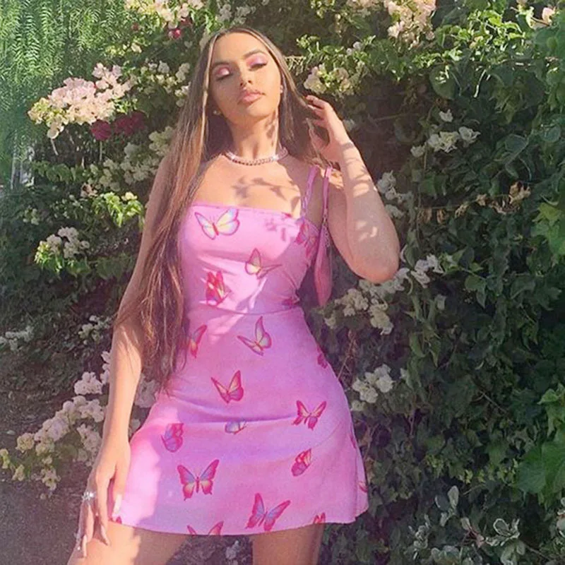 

2021 Summer Hot Sale New Women's One-shoulder Sling Butterfly Skirt Printed Dress Butterfly Sling Halter Sexy Women's Dress