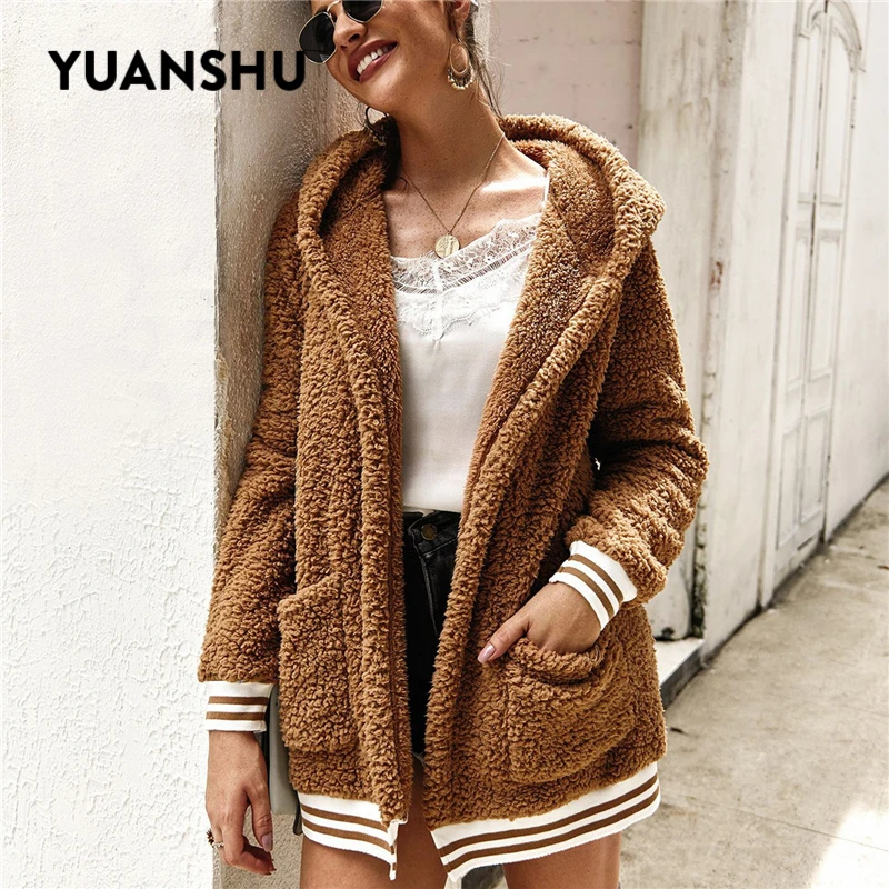 

Женский флисовый кардиган YUANSHU, свободный, с капюшоном, плотный, теплый, осенне-зимний, одежда оверсайз