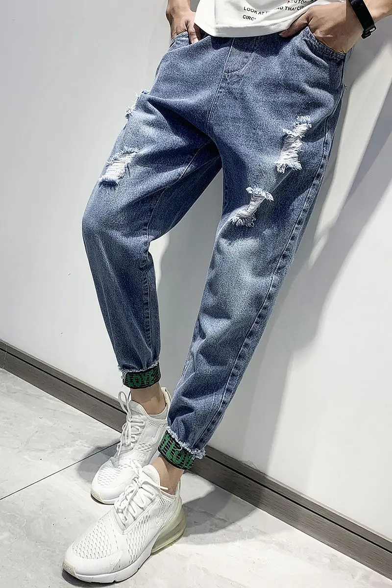 

2020 Spring And Summer New Youth Fashion Was Thin And Ragged Solid Color Jeans Fashion Casual Wild Slim Feet Cropped Pants