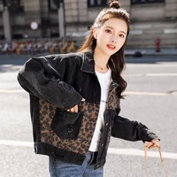 women denim jacket black denim short jacket new loose korean version of leopard stitching letter embroidery jacket women jacket