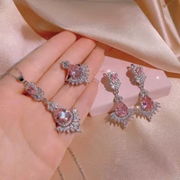 2022 new fashion pink zircon jewelry set shiny and bright tassel zircon earrings ring necklace bridal jewelry wedding jewelry