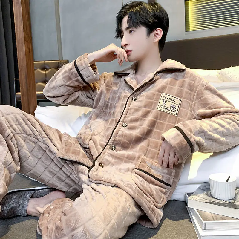 

Winter Men Casual Coral Fleece Thick Warm Flannel Pajama Sets Sleepwear Loose Nightgown Male Nightwear Homewear Y340