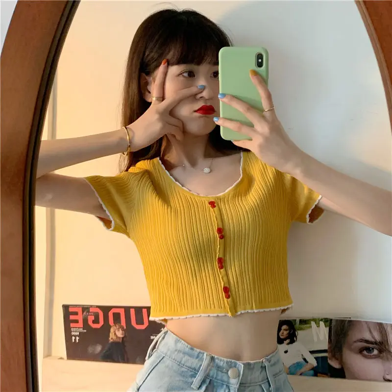 

Woman TShirts Short Knitted T-shirt for Women Summer 2020 Slim-Fit Sexy Top Crop Top Mujer Camisetas