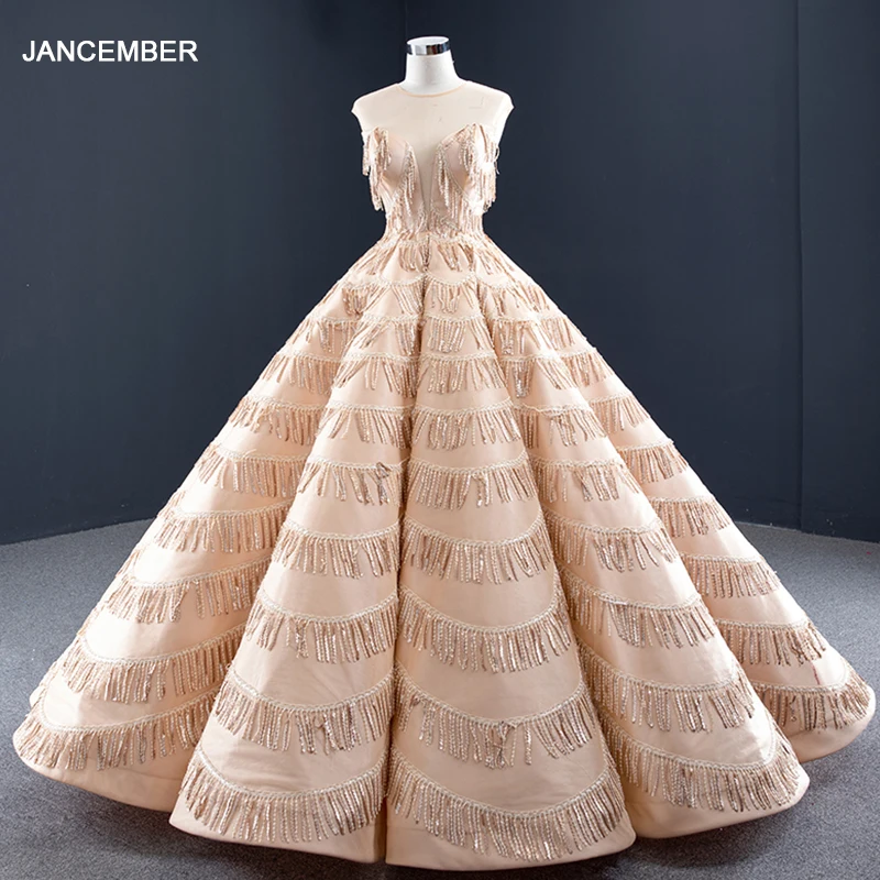 

J67035 jancember champagne long evening dresses 2019 o neck ball gown tassel sequin formal dress women elegant vestido de festa
