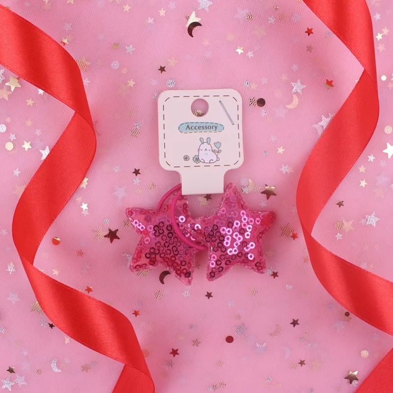 rose red Модные нейлоновые резинки с круглыми блестками и пятиконечными звездами для девочек, эластичные резинки для волос, аксессуары для волос для детей, 2 шт - Цвет: rose red