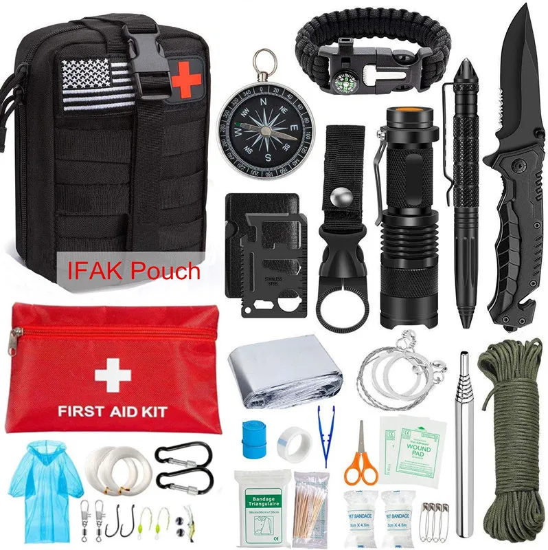 Kit de supervivencia al aire libre, herramientas militares para acampar, bolsa táctica Molle IFAK, pulsera de primeros auxilios de supervivencia, cuchillo silbato