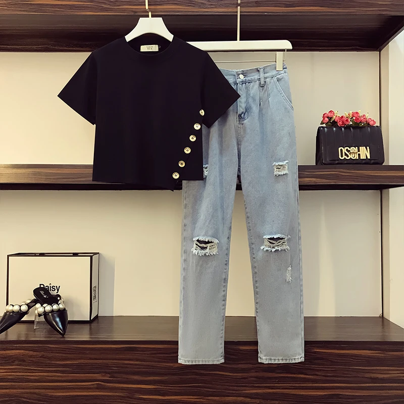 Женский комплект из двух предметов топ с коротким рукавом и боковые пуговицы