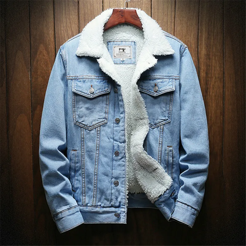 

Winter Jean Jackets Men Warm Denim Coats Fashion Cowboy Outerwear Men Liner Thicker Fleece Denim Jacket Black Blue Plus Size 6X