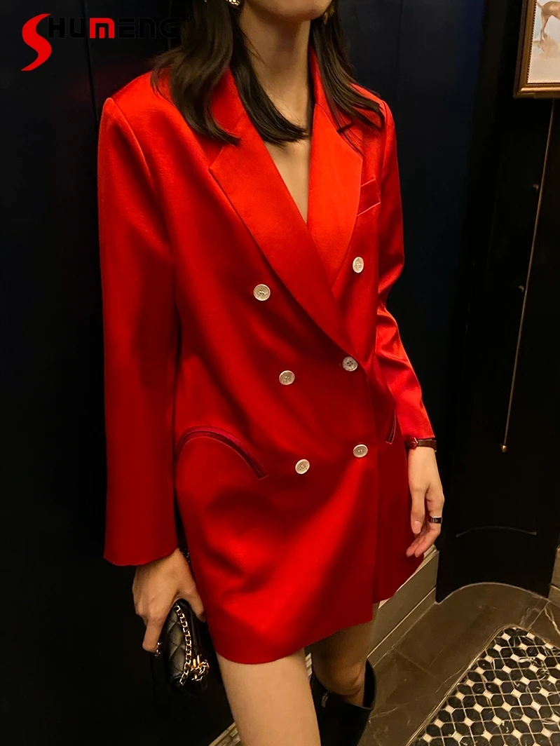 

Autumn New Fashion Temperament Satin Suit Coat Retro Red Straight Loose Casual Long Sleeve Mid-length Blazer Jacket for Women