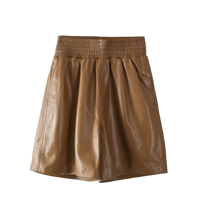 

High Waist Wide Leg Shorts Women Sheepskin Genuine Leather Casual Trousers Spring Female Loose Fit Elastic Waist Bikers Shorts
