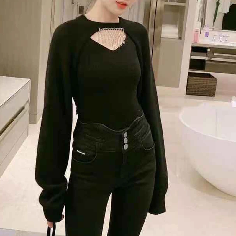 

SISPELL Casual Two Piece Sets For Female Patchwork Diamond Sweater O Neck Long Sleeve Hollow Out With Vest Women's Set 2021