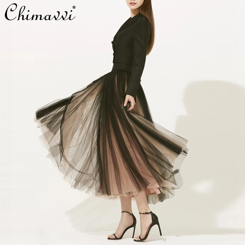 

Office Lady Elegant Outfit Women 2021 Spring Suit Collar Short Coat+Mesh High Waist Slimming Skirt Fashion Business Attire