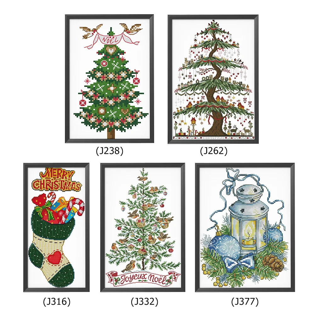 

Stamped Cross Stitch Kits Christmas Tree Sock Lantern Embroidery Sets DIY 2-Strand Cotton Thread 14CT Pre Printed Fabric