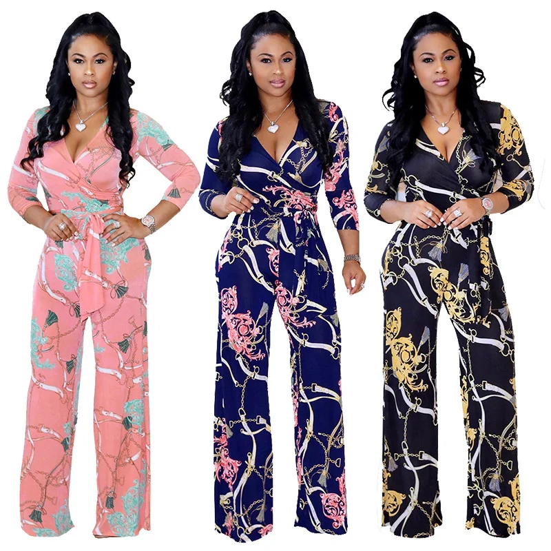 Cnmyou sexy women clothing VCollar long sleeves printed jumpsuits