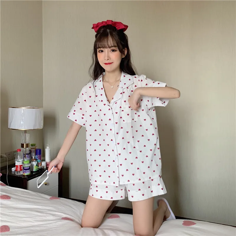 

summer women short sleeve heart pajamas set love printed pure cotton loose cute sweet home pjs pyjamas tops+shorts suits
