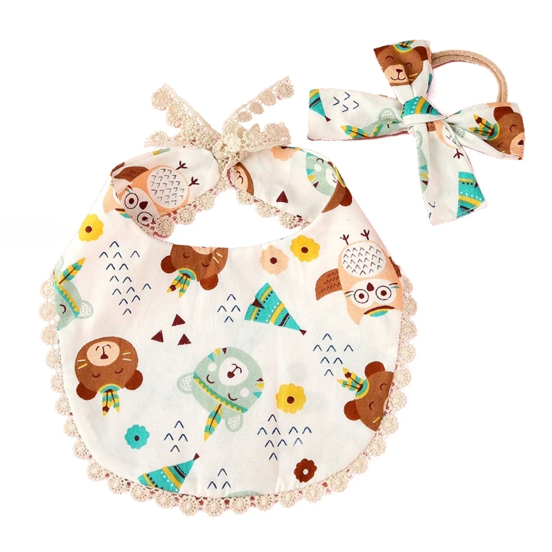 

2 Pcs/Set Baby Feeding Drool Bib Floral Headband Set Lace-up Tassel Saliva Towel Soft Cotton Triangle Bandana Burp Cloth for New