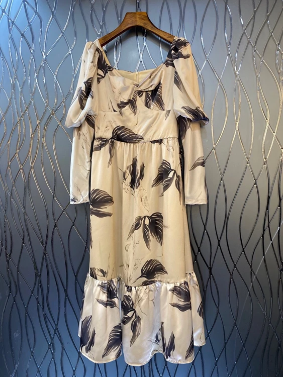 

2021 new women fashion long sleeve square neck print long skirt slim dress 923
