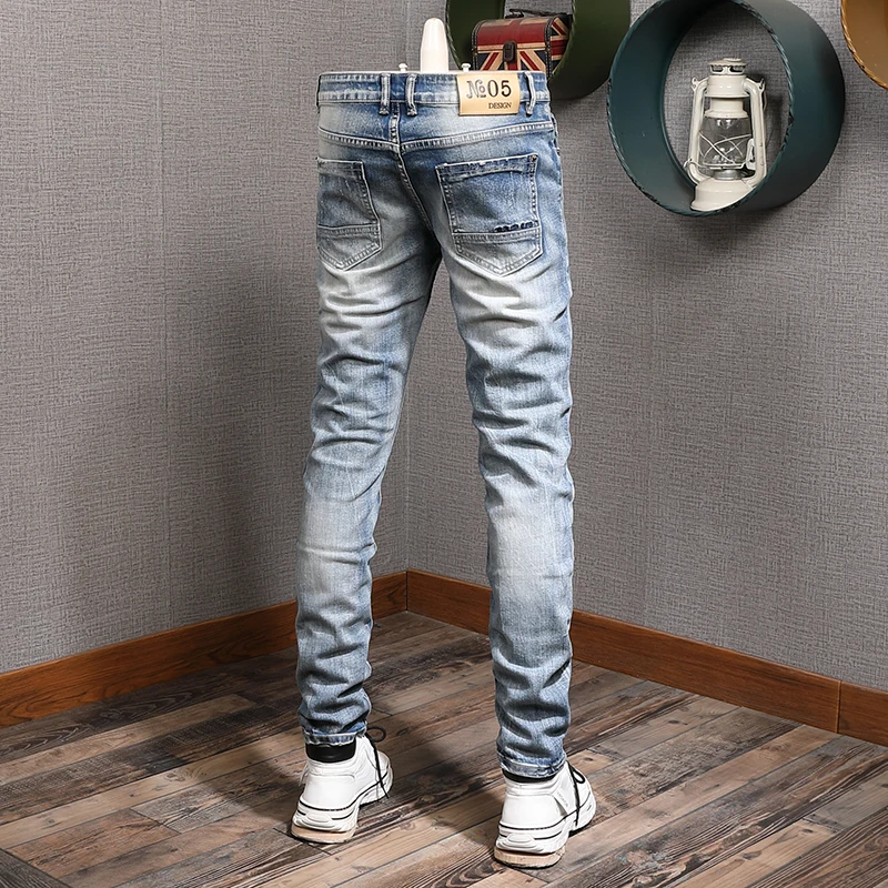 Classic Mens Light Blue Ripped Jeans Men Streetwear Casual Straight Slim Fit Pants Cotton Denim Trousers