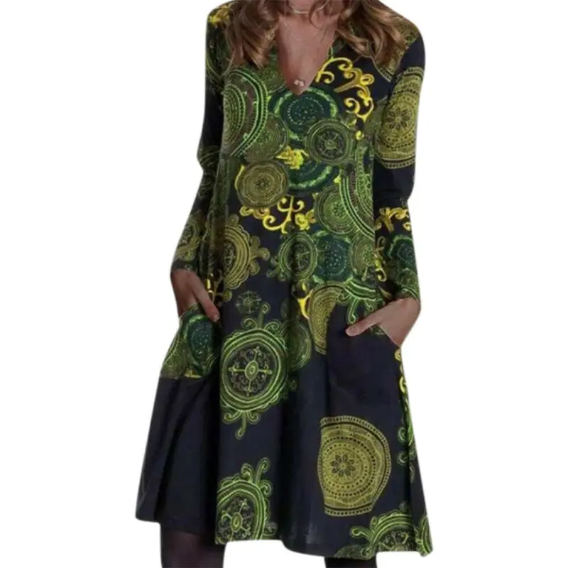 

Women Boho Floral Long Sleeve Tunic Dress Retro V-Neck Short Dresses Plus Size